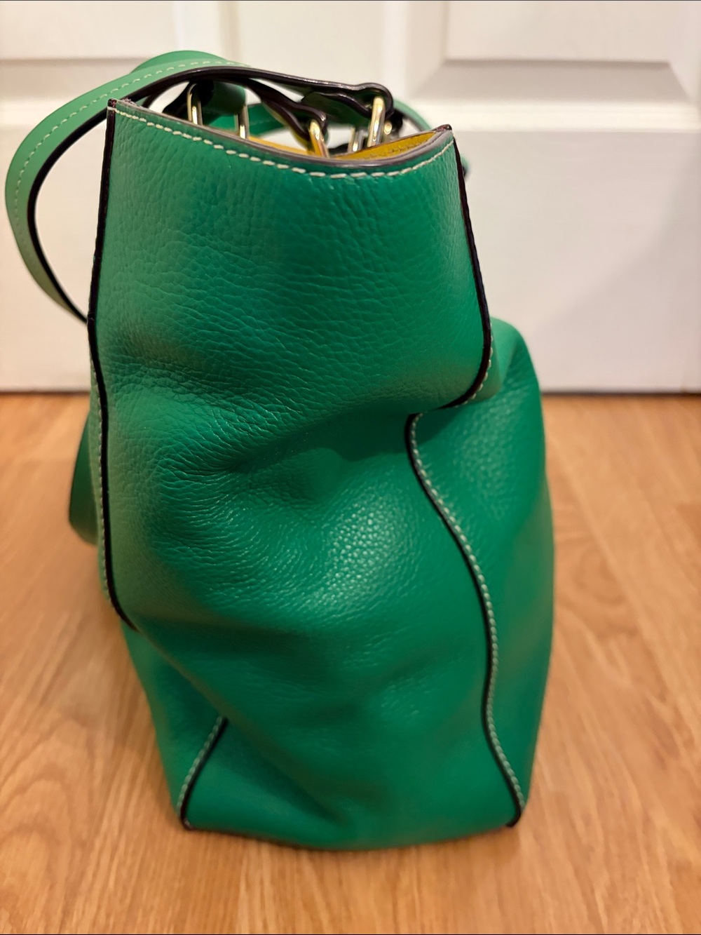 Frances Valentine Green Pebbled Leather Tote Bag with Gold-Toned Hardware - Picture 10 of 15